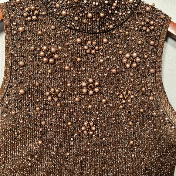 Vintage Brown Pearl beaded mock neck sleeveless top size Small - Picture 5 of 9